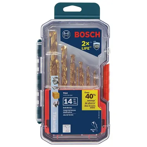 Bosch Drill Bit Set, 14-Piece, HSS, Titanium Nitride-Coated Bosch Drill Bit Set, 14-Piece, HSS, Titanium Nitride-Coated