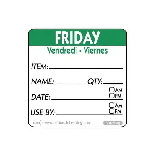 Friday Prep Item Date Use Trilingual Label 2X2 IN Green Square Dissolvable - pack of 250 Friday Prep Item Date Use Trilingual Label 2X2 IN Green Square Dissolvable - pack of 250