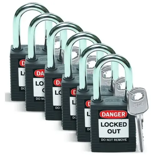 Safety Padlock Nylonshackle Clearance1.5,black Keyeddifferent - pack of 6 Safety Padlock Nylonshackle Clearance1.5,black Keyeddifferent - pack of 6