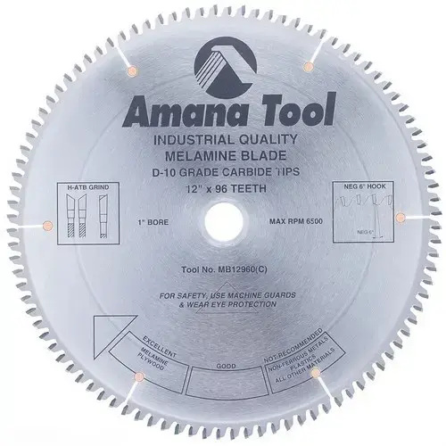 Amana A.G.E. 12" Diameter with 1" Arbor 96 Tooth H-ATB Melamine Saw Blade Amana A.G.E. 12" Diameter with 1" Arbor 96 Tooth H-ATB Melamine Saw Blade