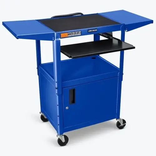 Adjustable Height 24" A/V Cart With Pullout, Drop Leaf And Cabinet In Blue Adjustable Height 24" A/V Cart With Pullout, Drop Leaf And Cabinet In Blue