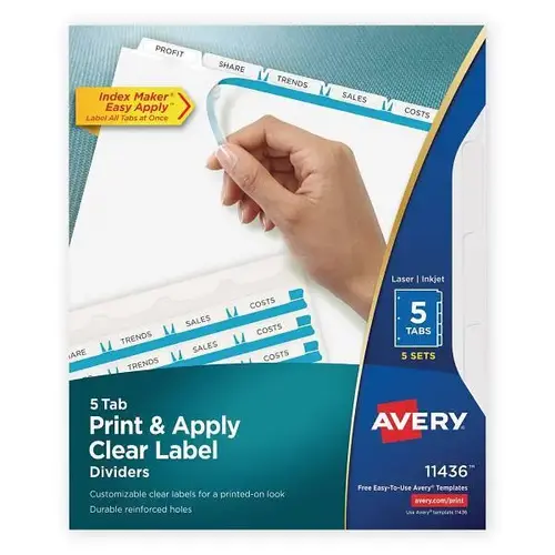 Print Index Maker Clear Label Divider 5-Tab White Tabs 11x8. - pack of 5 Print Index Maker Clear Label Divider 5-Tab White Tabs 11x8. - pack of 5
