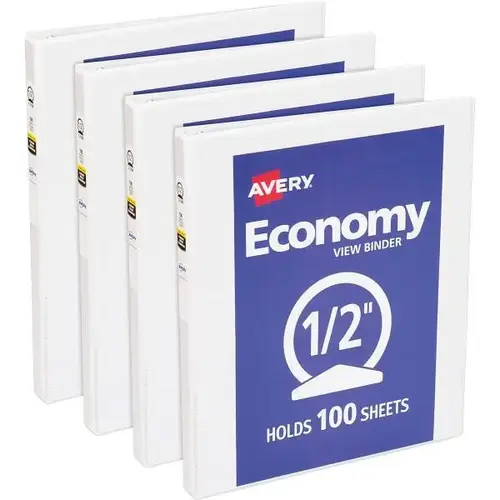 Economy 0.5" View Binder 100 Sheet Capacity Round Ring White - pack of 4 Economy 0.5" View Binder 100 Sheet Capacity Round Ring White - pack of 4