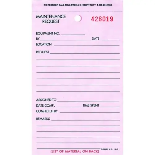 Maintenance Request Triplicate Form White/Pink/Canary - pack of 100 Maintenance Request Triplicate Form White/Pink/Canary - pack of 100