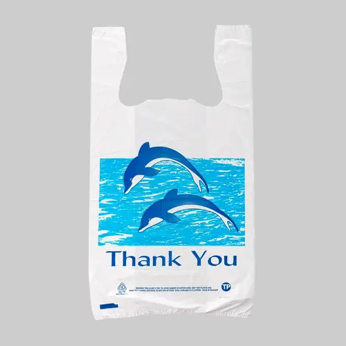 Bag 15.5X8X30 IN HDPE 16MIC Dolphin Thank You T-Sack - pack of 500 Bag 15.5X8X30 IN HDPE 16MIC Dolphin Thank You T-Sack - pack of 500