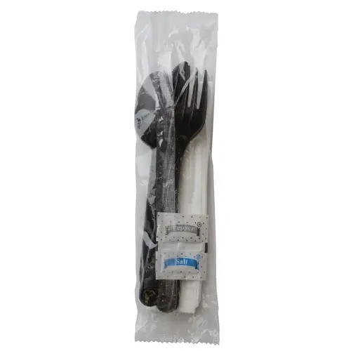 6PC Cutlery Kit Plastic Black With Napkin,Fork,Knife,Salt & Pepper,Teaspoon - pack of 250 6PC Cutlery Kit Plastic Black With Napkin,Fork,Knife,Salt & Pepper,Teaspoon - pack of 250