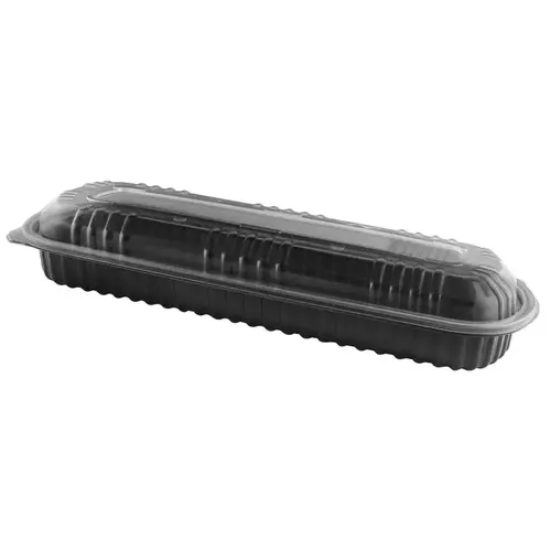 MicroRaves Full Slab Rib Take-Out Container Base & Lid Combo 48 OZ PP Black Clear Anti-Fog - pack of 100 MicroRaves Full Slab Rib Take-Out Container Base & Lid Combo 48 OZ PP Black Clear Anti-Fog - pack of 100