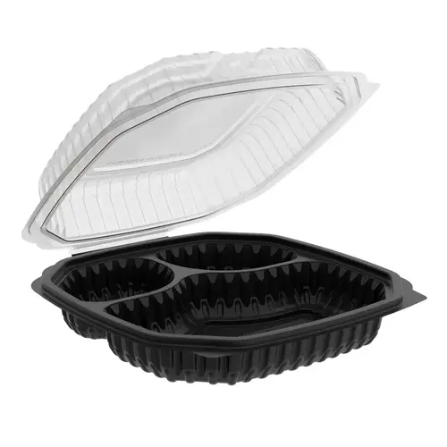 Culinary Lites Take-Out Container Hinged 10.5X9.5X3 IN 3 Compartment PP Black Clear Anti-Fog - pack of 120 Culinary Lites Take-Out Container Hinged 10.5X9.5X3 IN 3 Compartment PP Black Clear Anti-Fog - pack of 120