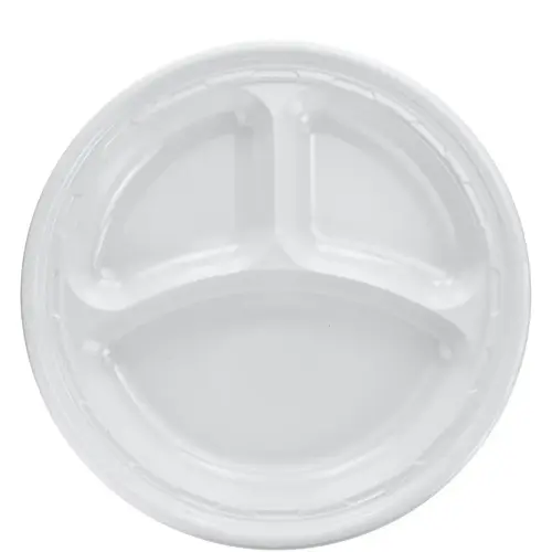 Plate 9 IN 3 Compartment Polystyrene Foam White Round - pack of 500 Plate 9 IN 3 Compartment Polystyrene Foam White Round - pack of 500