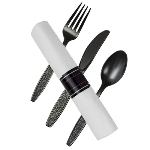 WNA Reflections 4PC Cutlery Kit PS Black With 17 x 17 Napkin,Fork,Knife,Spoon - pack of 100 WNA Reflections 4PC Cutlery Kit PS Black With 17 x 17 Napkin,Fork,Knife,Spoon - pack of 100