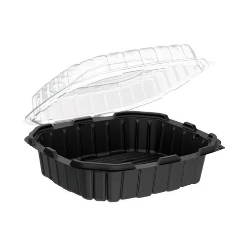 Take-Out Container Hinged With Dome Lid 10X10 IN PP Black Clear Square Anti-Fog - pack of 120 Take-Out Container Hinged With Dome Lid 10X10 IN PP Black Clear Square Anti-Fog - pack of 120
