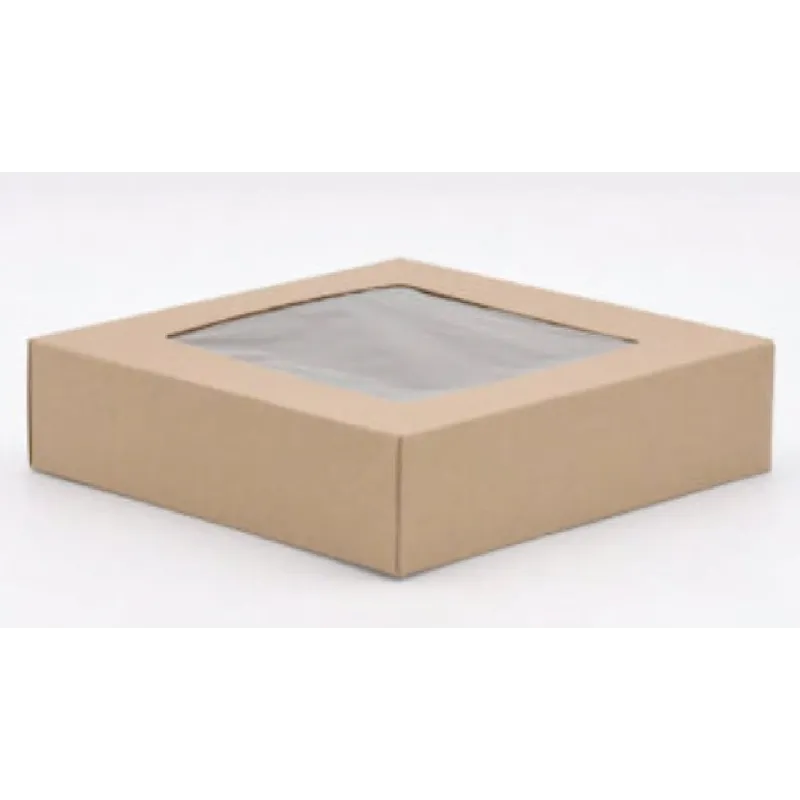 Quality Carton & Converting KW992 Cake Box 9X9X2.5 IN Kraft Paperboard Kraft Square 4 Corner Beers 1-Piece Automatic With Window - pack of 200