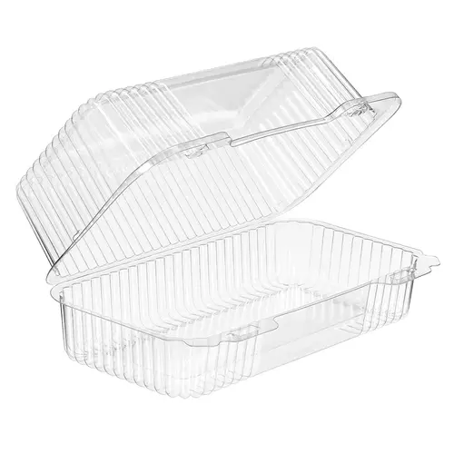 Essentials Take-Out Container Hinged With Dome Lid 9.5X5.5X4.125 IN RPET Clear Rectangle Deep Bar Lock - pack of 200 Essentials Take-Out Container Hinged With Dome Lid 9.5X5.5X4.125 IN RPET Clear Rectangle Deep Bar Lock - pack of 200