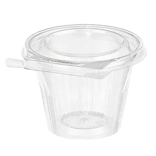 Safe-T-Fresh Deli Container Hinged With Flat Lid 11 OZ RPET Clear Round Shallow - pack of 256 Safe-T-Fresh Deli Container Hinged With Flat Lid 11 OZ RPET Clear Round Shallow - pack of 256