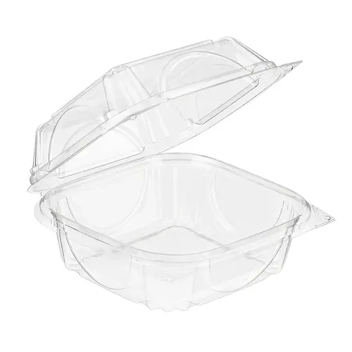 Essentials Take-Out Container Hinged With Dome Lid 5X5X3 IN RPET Clear Square Perimeter Seal - pack of 330 Essentials Take-Out Container Hinged With Dome Lid 5X5X3 IN RPET Clear Square Perimeter Seal - pack of 330