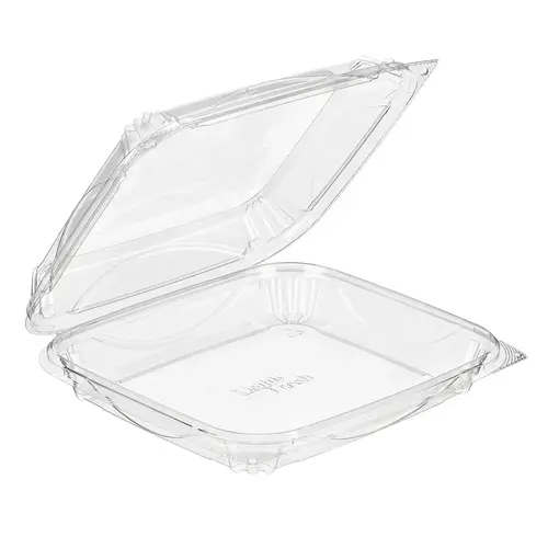 Essentials Take-Out Container Hinged With Dome Lid 8X8X2 IN RPET Clear Square - pack of 110 Essentials Take-Out Container Hinged With Dome Lid 8X8X2 IN RPET Clear Square - pack of 110