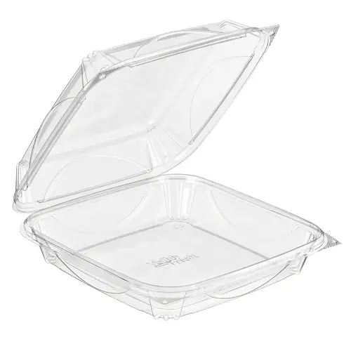 Essentials Take-Out Container Hinged With Dome Lid 8X8X3 IN RPET Clear Square - pack of 100 Essentials Take-Out Container Hinged With Dome Lid 8X8X3 IN RPET Clear Square - pack of 100