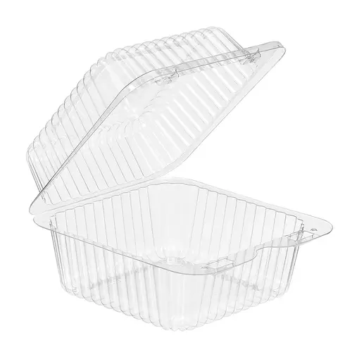 Essentials Take-Out Container Hinged With Dome Lid 5X5X3 IN RPET Clear Square Deep Bar Lock - pack of 500 Essentials Take-Out Container Hinged With Dome Lid 5X5X3 IN RPET Clear Square Deep Bar Lock - pack of 500