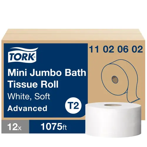 Tork Toilet Paper & Tissue Roll T2 8.38X3.48 IN 750.708 FT 2PLY Jumbo Jr (JRT) Mini Plus White - pack of 12 Tork Toilet Paper & Tissue Roll T2 8.38X3.48 IN 750.708 FT 2PLY Jumbo Jr (JRT) Mini Plus White - pack of 12