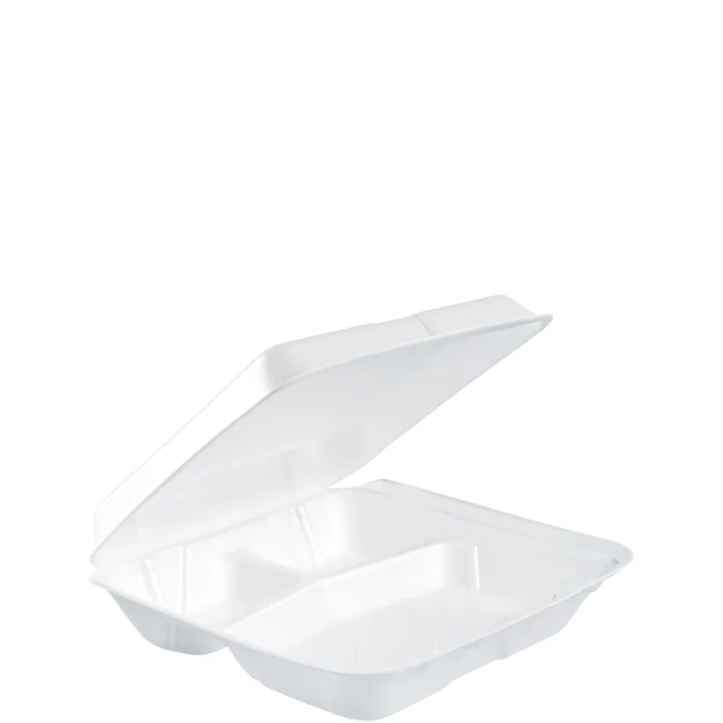 Dart Container Corporation 80HT3R Dart Take-Out Container Hinged Small (SM) 8X7.5X2.2 IN 3 Compartment XPS White Insulated 100 - pack of 200