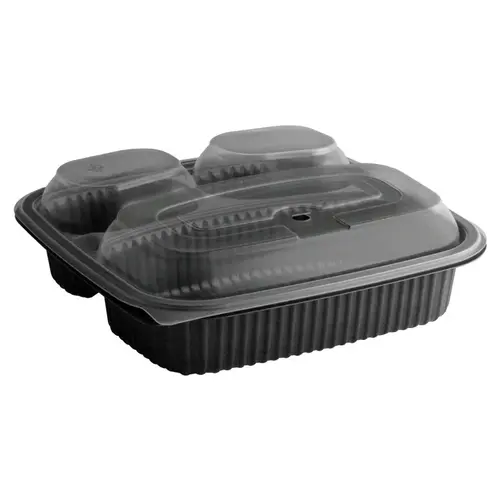 Take-Out Container Base & Lid Combo 33 OZ 3 Compartment PP Black Clear Square Microwave Safe Anti-Fog - pack of 150 Take-Out Container Base & Lid Combo 33 OZ 3 Compartment PP Black Clear Square Microwave Safe Anti-Fog - pack of 150