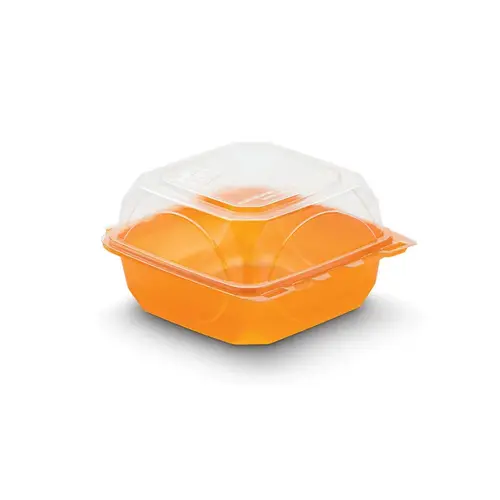 The BOTTLEBOX Take-Out Container Hinged With Dome Lid 6X6X3.25 IN RPET Orange Clear Square Squat - pack of 250 The BOTTLEBOX Take-Out Container Hinged With Dome Lid 6X6X3.25 IN RPET Orange Clear Square Squat - pack of 250