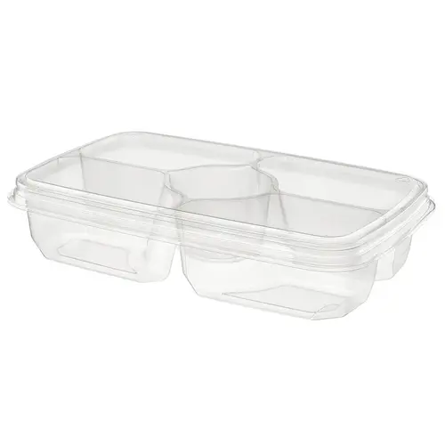 Essentials Serving Tray Base & Lid Combo 11X7X2.6 IN 4 Compartment PET Clear Rectangle With Dip Cup - pack of 125 Essentials Serving Tray Base & Lid Combo 11X7X2.6 IN 4 Compartment PET Clear Rectangle With Dip Cup - pack of 125