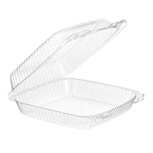 Essentials Take-Out Container Hinged With Dome Lid Large (LG) 9X9.438X3 IN RPET Clear Rectangle Bar Lock - pack of 200 Essentials Take-Out Container Hinged With Dome Lid Large (LG) 9X9.438X3 IN RPET Clear Rectangle Bar Lock - pack of 200