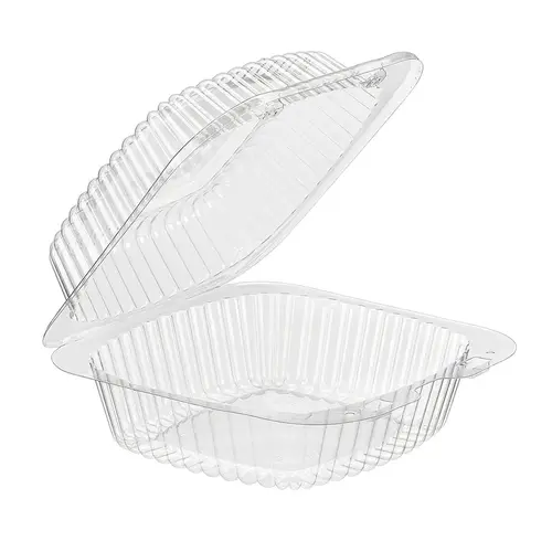 Essentials Take-Out Container Hinged With Dome Lid Small (SM) 5X5X3 IN RPET Clear Square Bar Lock - pack of 500 Essentials Take-Out Container Hinged With Dome Lid Small (SM) 5X5X3 IN RPET Clear Square Bar Lock - pack of 500