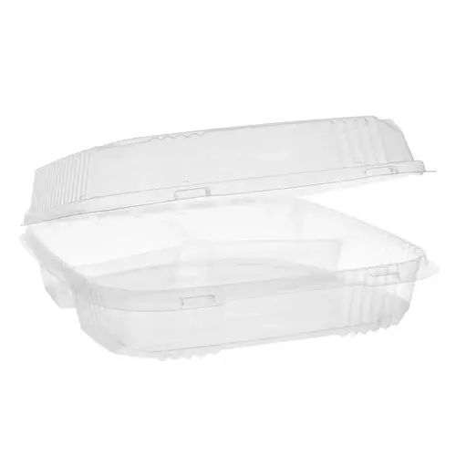 Take-Out Container Hinged Large (LG) 9.2X8.9X2.9 IN 3 Compartment OPS Clear Square - pack of 200 Take-Out Container Hinged Large (LG) 9.2X8.9X2.9 IN 3 Compartment OPS Clear Square - pack of 200