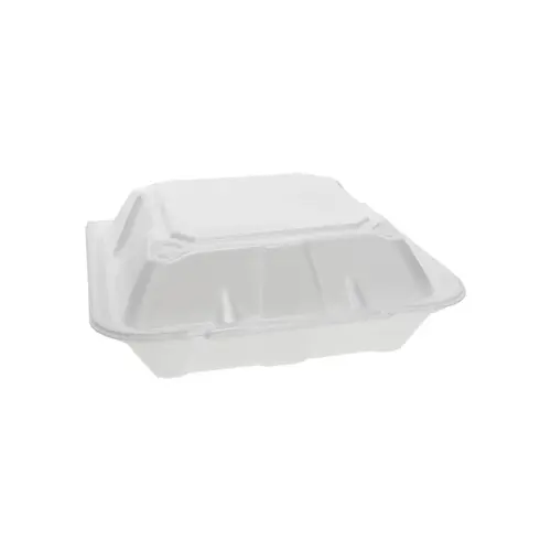 Take-Out Container Hinged With Dome Lid 9.1X9X3.3 IN 3 Compartment Polystyrene Foam White Square Closing Tabs - pack of 150 Take-Out Container Hinged With Dome Lid 9.1X9X3.3 IN 3 Compartment Polystyrene Foam White Square Closing Tabs - pack of 150