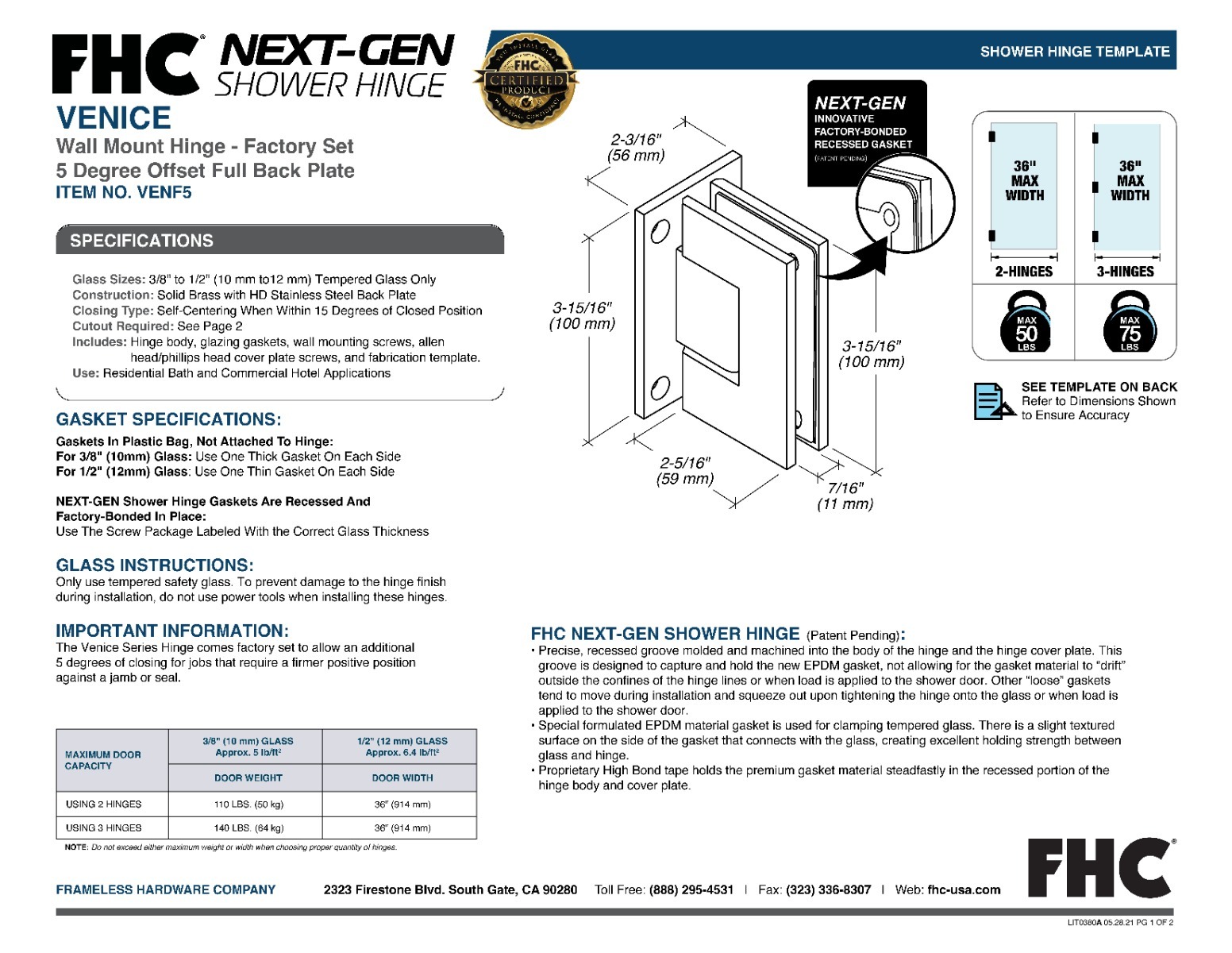 FHC Venice Square Wall Mount Hinge Brass Material Polished Nickel Finish