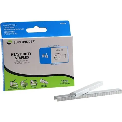 #4 Heavy Duty Narrow Crown Staples, 1/4", 1250 Per Box #4 Heavy Duty Narrow Crown Staples, 1/4", 1250 Per Box