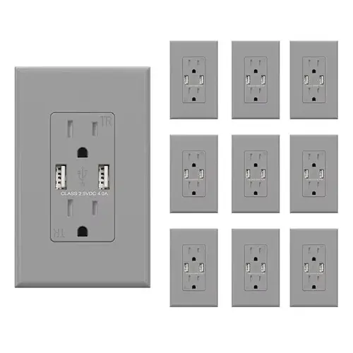 4a Dual Type A USB With 15a Duplex Outlet, Gray - pack of 10 4a Dual Type A USB With 15a Duplex Outlet, Gray - pack of 10