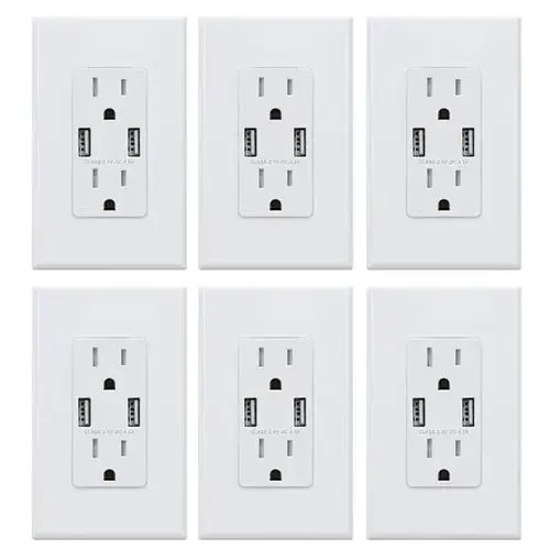 4a Dual Type A USB With 15a Duplex Outlet, White - pack of 6 4a Dual Type A USB With 15a Duplex Outlet, White - pack of 6