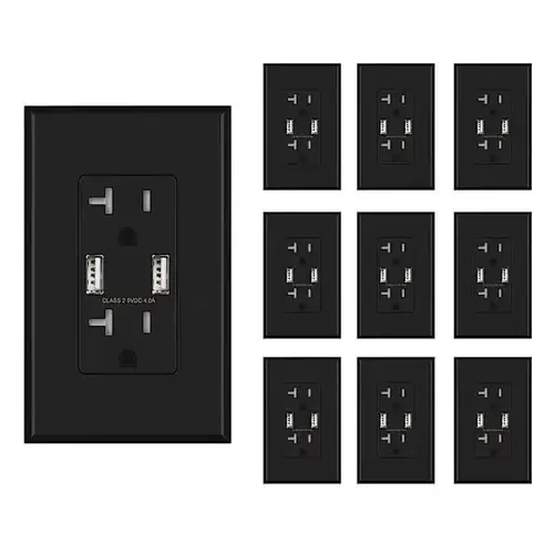 4a Dual Type A USB With 20a Duplex Outlet, Black - pack of 10 4a Dual Type A USB With 20a Duplex Outlet, Black - pack of 10