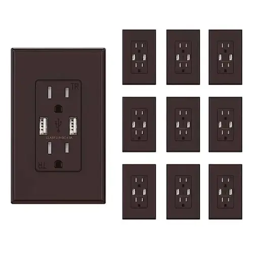 4a Dual Type A USB With 15a Duplex Outlet, Brown - pack of 10 4a Dual Type A USB With 15a Duplex Outlet, Brown - pack of 10