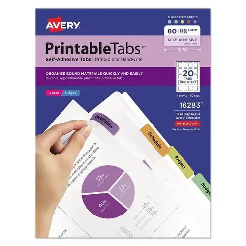 Printable Plastic Tabs-Repositionable Adhesive 1/5-Cut Asst - pack of 80 Printable Plastic Tabs-Repositionable Adhesive 1/5-Cut Asst - pack of 80