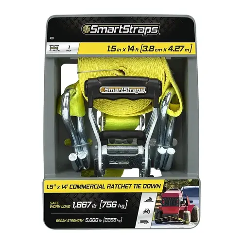 SmartStrap RachetX Series Tie-Down, 1-1/2 in W, 14 ft L, Plastic/Polyester/Rubber/Steel, Yellow, 1667 lb SmartStrap RachetX Series Tie-Down, 1-1/2 in W, 14 ft L, Plastic/Polyester/Rubber/Steel, Yellow, 1667 lb