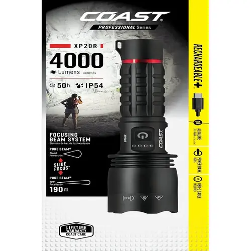 Coast Focusing Flashlight, 5000 mAh, AAA Battery, Alkaline, ZX955 ZITHION-X Battery, Flood, Spot Beam Black Coast Focusing Flashlight, 5000 mAh, AAA Battery, Alkaline, ZX955 ZITHION-X Battery, Flood, Spot Beam Black