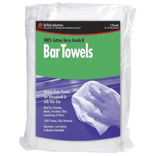 Buffalo Grade-B Bar Towel, 19 in L, 16 in W, Cotton, White Buffalo Grade-B Bar Towel, 19 in L, 16 in W, Cotton, White