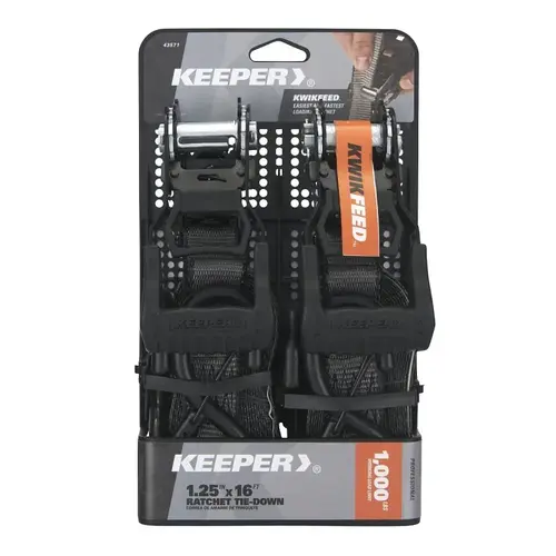 Keeper Ratchet Tie-Down, 1-1/4 in W, 16 ft L, 1000 lb Working Load - pack of 2 Keeper Ratchet Tie-Down, 1-1/4 in W, 16 ft L, 1000 lb Working Load - pack of 2