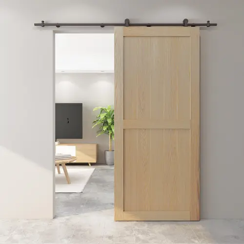 Top Mount Strap Style Sliding Door Hardware Set with Round Track, Fits Doors up to 36 Inches, Matte Black Top Mount Strap Style Sliding Door Hardware Set with Round Track, Fits Doors up to 36 Inches, Matte Black