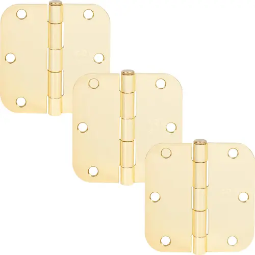 3-1/2" Door Hinges, 5/8" Radius Corner, Polished Brass, 3-Pack 3-1/2" Door Hinges, 5/8" Radius Corner, Polished Brass, 3-Pack