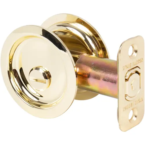 Round Pocket Door Lock, Privacy Function, 2-3/8" Backset, Polished Brass Round Pocket Door Lock, Privacy Function, 2-3/8" Backset, Polished Brass