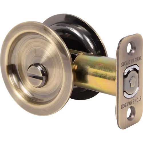 Round Pocket Door Lock, Privacy Function, 2-3/8" Backset, Antique Brass Round Pocket Door Lock, Privacy Function, 2-3/8" Backset, Antique Brass