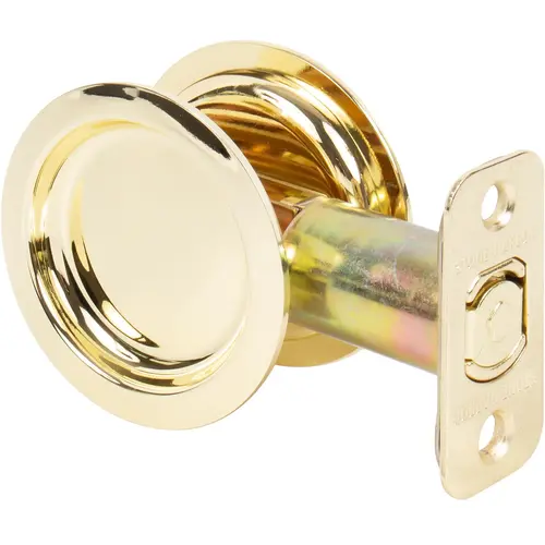 Round Pocket Door Lock, Passage Function, 2-3/8" Backset, Polished Brass Round Pocket Door Lock, Passage Function, 2-3/8" Backset, Polished Brass
