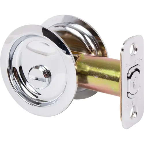 Round Pocket Door Lock, Privacy Function, 2-3/8" Backset, Polished Chrome Round Pocket Door Lock, Privacy Function, 2-3/8" Backset, Polished Chrome