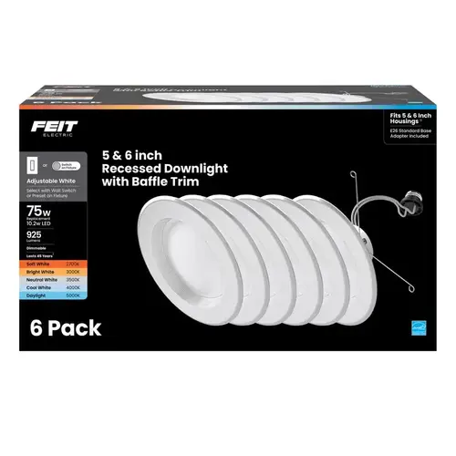 Feit Electric LEDR56B/6WYCA Retrofit LED Downlight, 10.2 W, 120 V, LED Lamp, White - pack of 6 Feit Electric LEDR56B/6WYCA Retrofit LED Downlight, 10.2 W, 120 V, LED Lamp, White - pack of 6