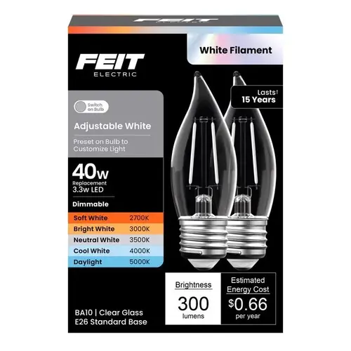 BA10 E26 (Medium) LED Bulb Adjustable White 40 Watt Equivalence Clear BA10 E26 (Medium) LED Bulb Adjustable White 40 Watt Equivalence Clear